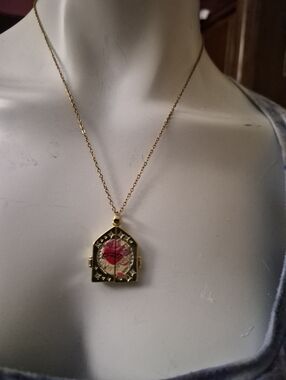 Gold Tone Locket Necklace With Rhinestone Stars And Heart